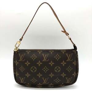 LOUIS VUITTON Authentic Brown Monogram Leather Pochette Mini Bag